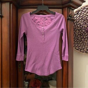 y2k Mudd Waffle Knit Henley Thermal Lace Top size S Purple 3/4 Sleeve Scoop Neck